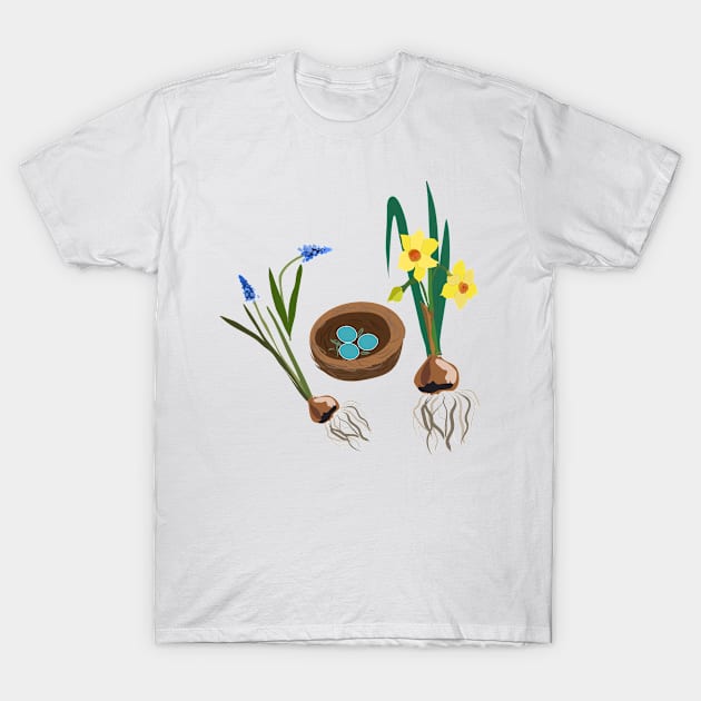 Spring flowers and birds nest T-Shirt by Orangerinka